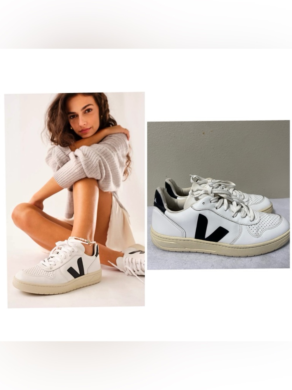 Veja V 10 Womens Size US 9 EUR 50 White Black Logo Leather Casual Sneakers Shoes